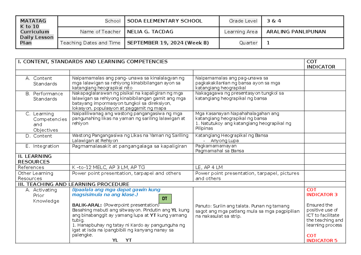Matatag-CO 1st AP - None - MATATAG K to 10 Curriculum Daily Lesson Plan ...