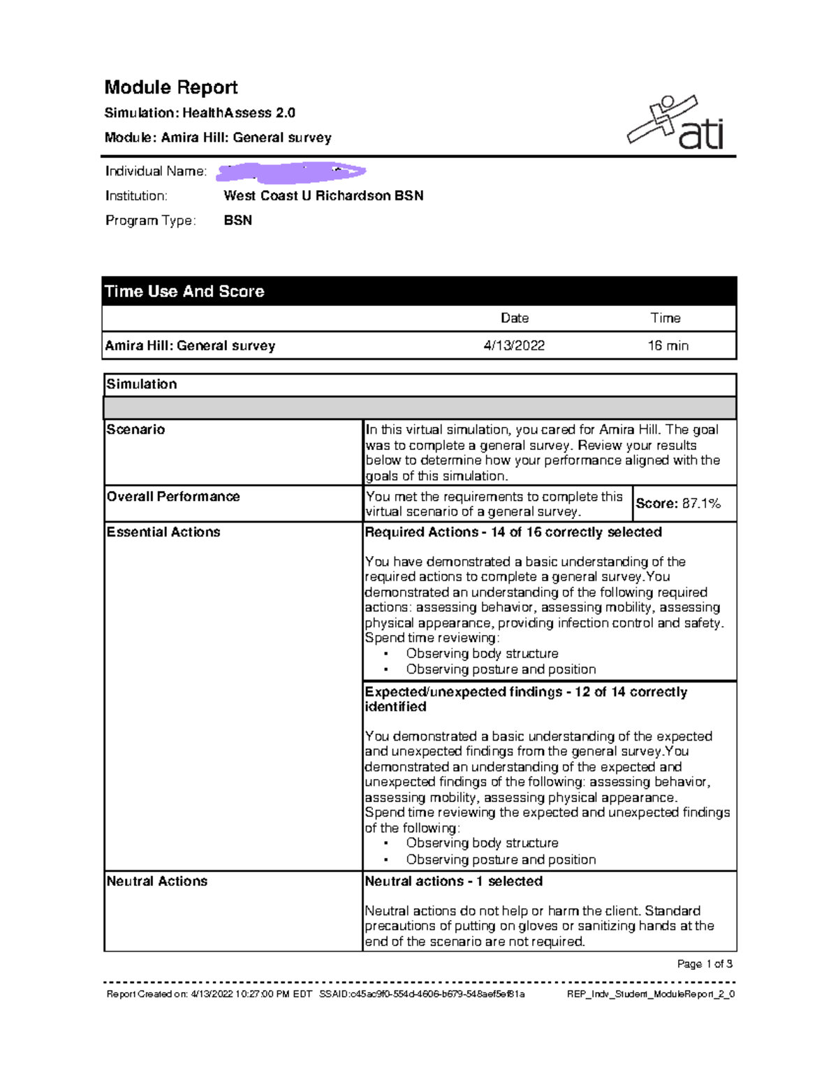 Amira Hill General survey - Module Report Simulation: HealthAssess 2 ...