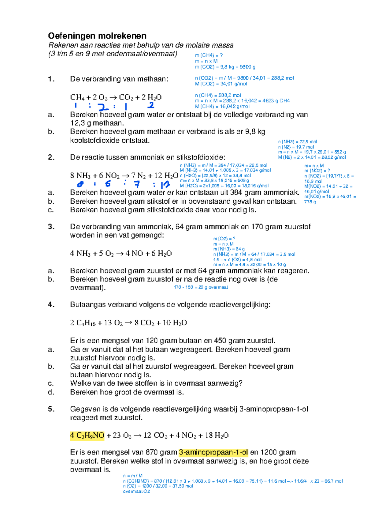 Oefenblad molrekenen - Oefeningen molrekenen Rekenen aan reacties met ...