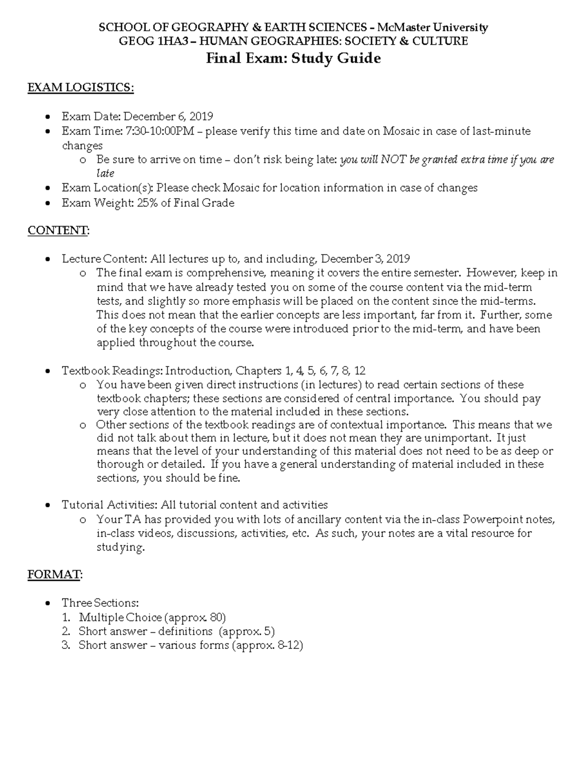 GEOG 1HA3 - Fall 2019 - Final Exam - Study Guide - SCHOOL OF GEOGRAPHY ...