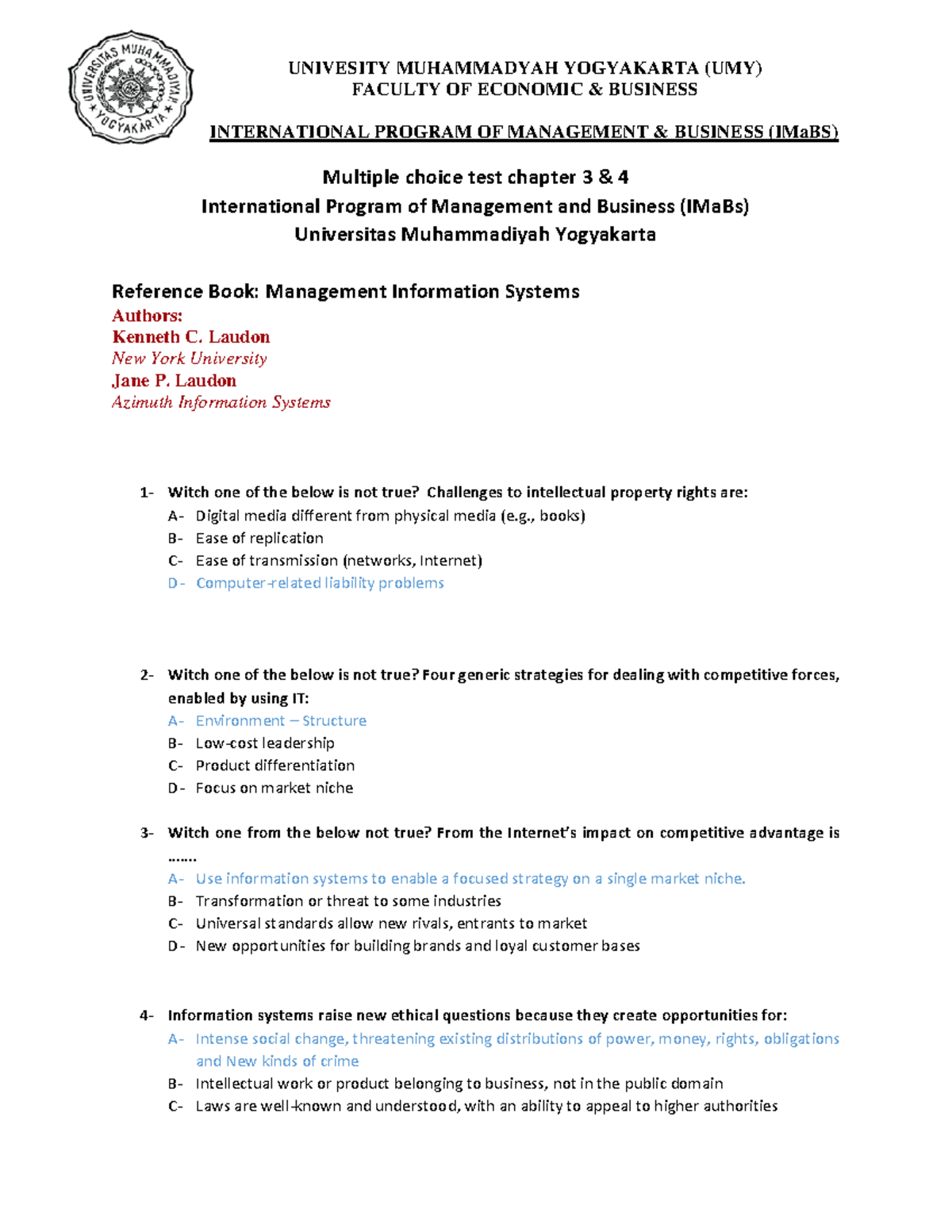 Questions Examination 2 - Chapter 3 & 4 - Management Information ...