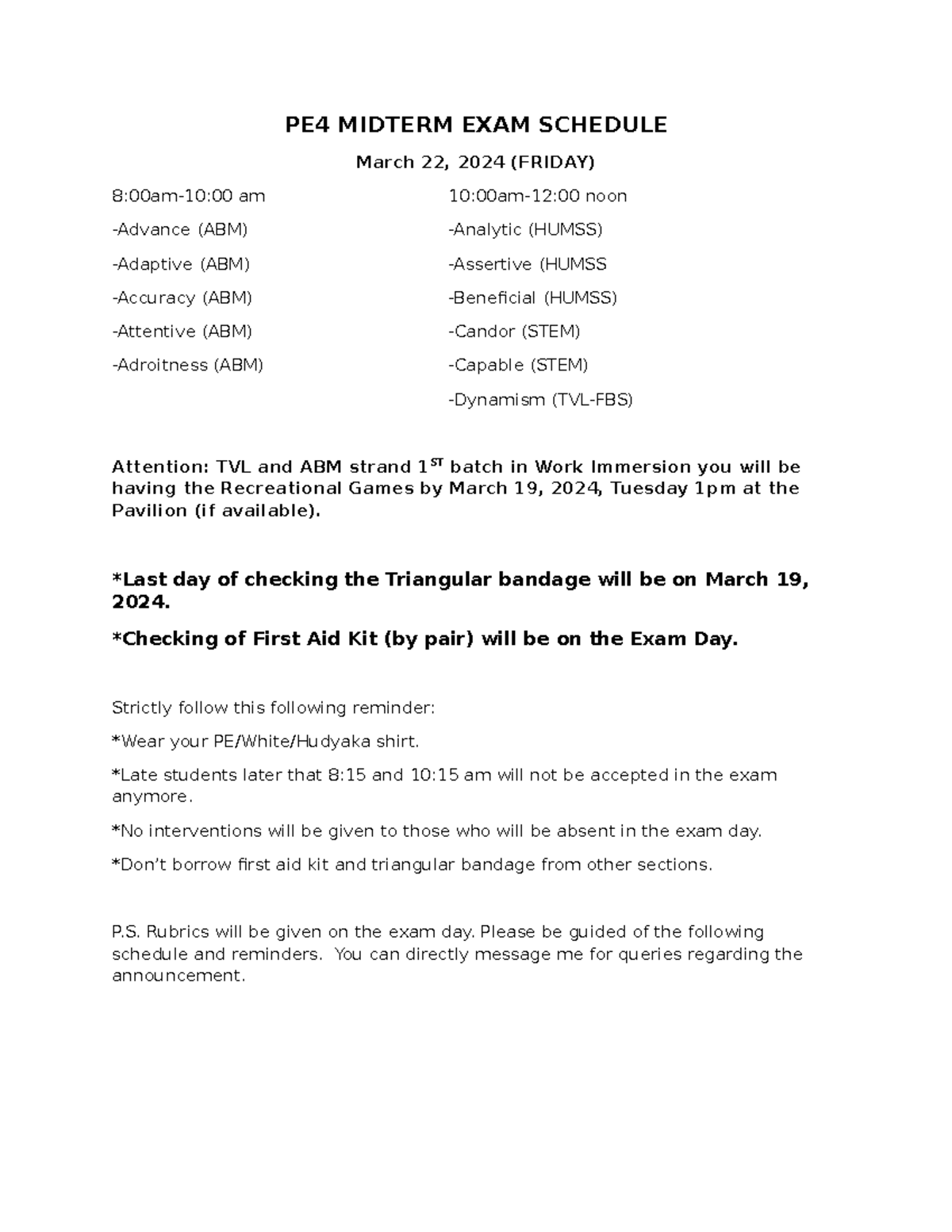 PE4 Midterm EXAM Schedule - PE4 MIDTERM EXAM SCHEDULE March 22, 2024 ...