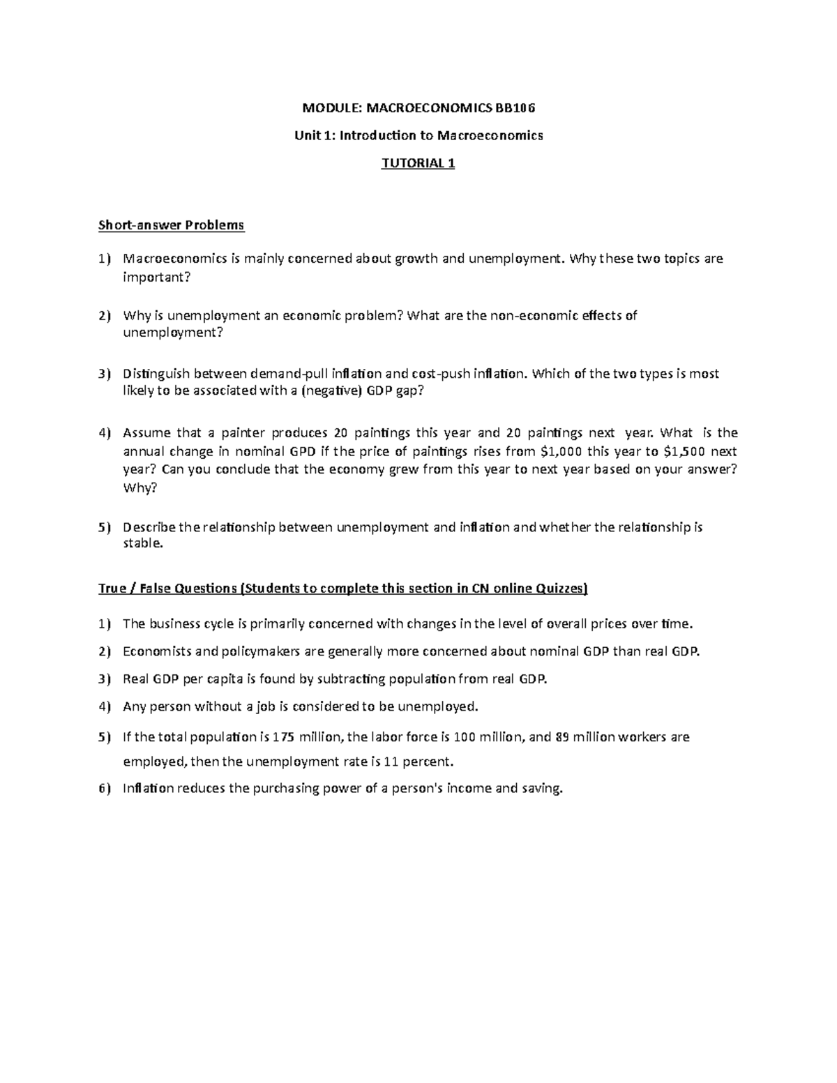 T1 S - Tutorial 1 Of 2022-05 Semester - MODULE: MACROECONOMICS BB Unit ...