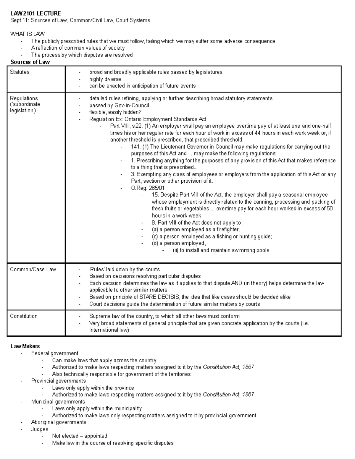 Law 2101 Notes LAW 2101 LECTURE Sept 11 Sources Of Law Law Court 