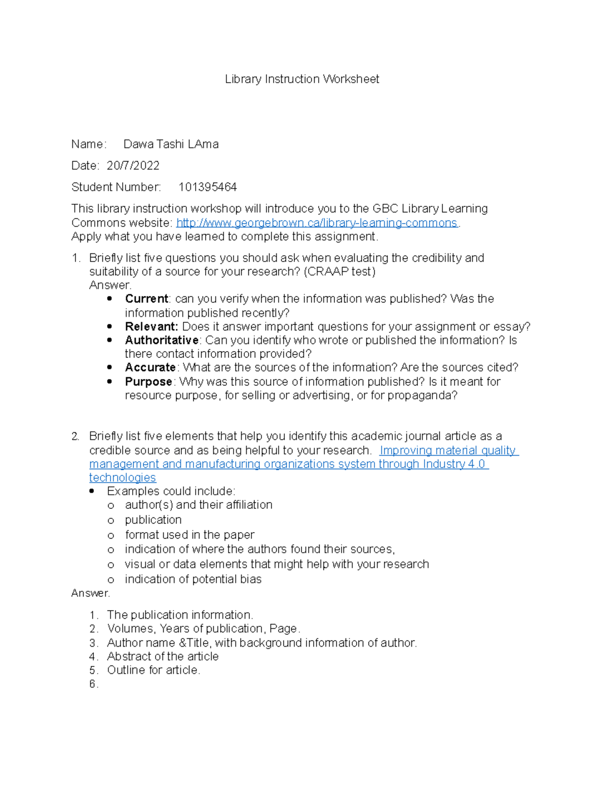 Library Workshop Assignment 101395464 Lama Dawa Tashi - Library ...