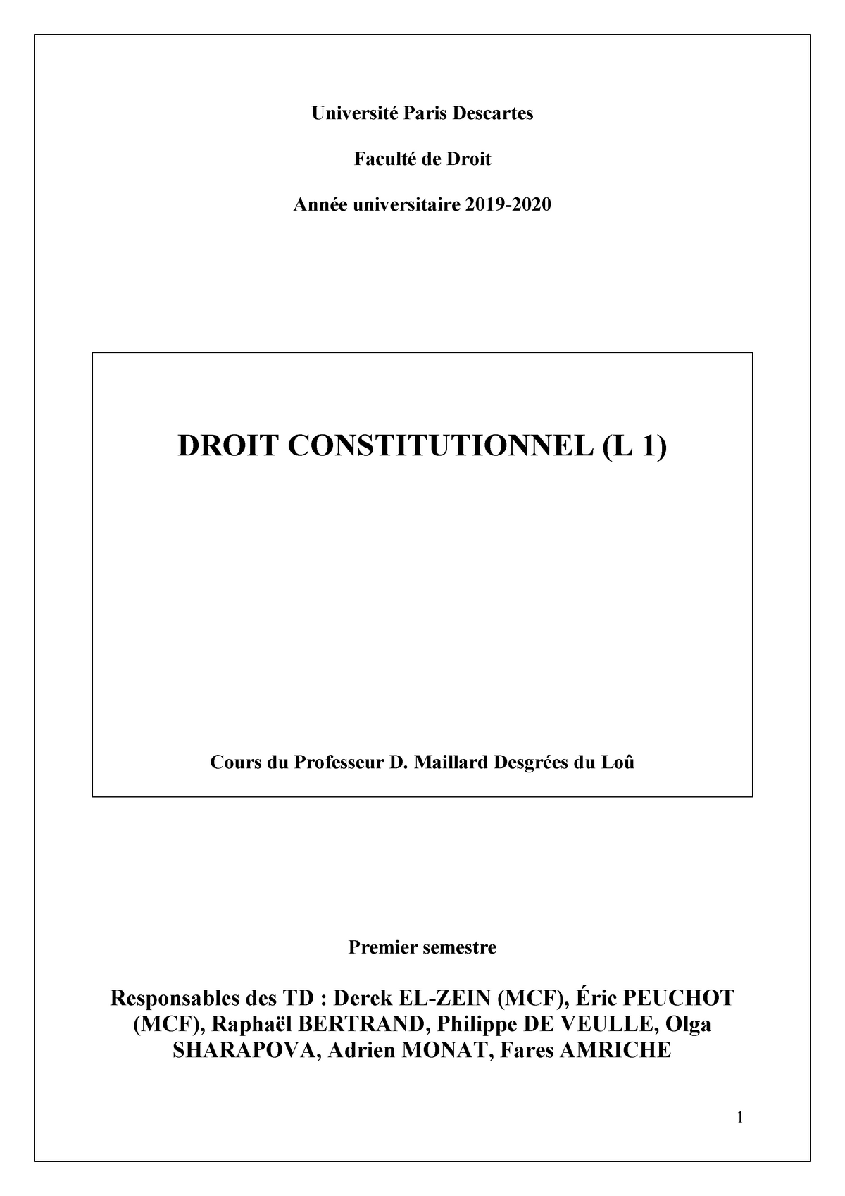 2019-2020 UP B Droit Constitutionnel TD 1er Semestre - Université Paris ...