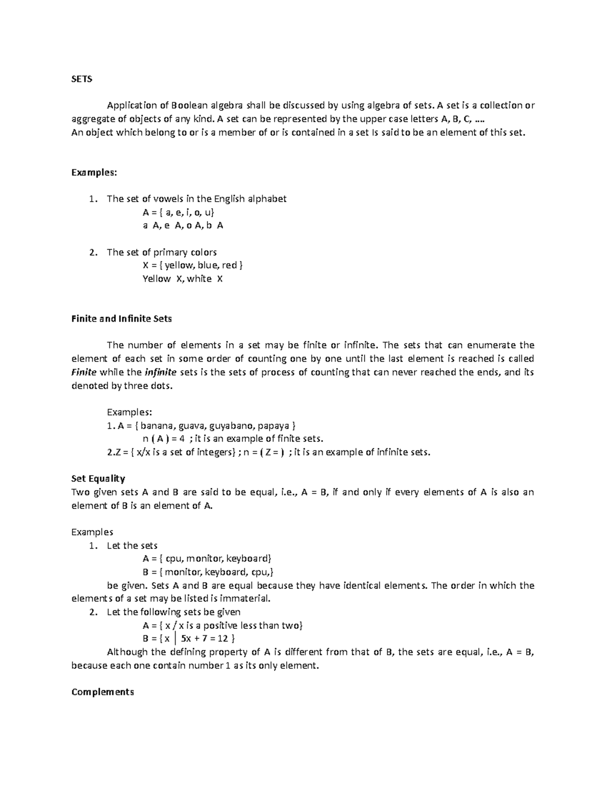 SETS - SETS Application of Boolean algebra shall be discussed by using ...