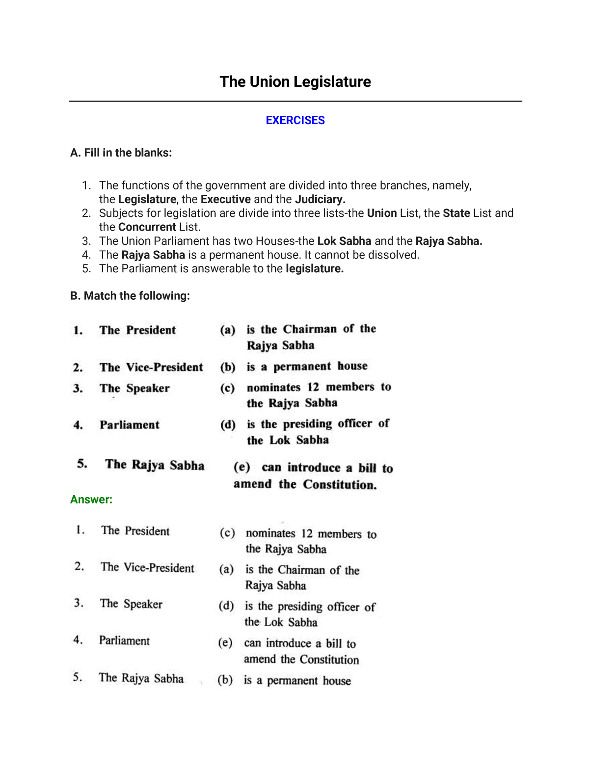 The Union Legislature notes ncertbooksolutions The Union