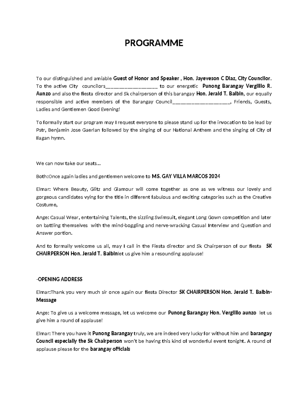 Emcee Script 6-24 - PROGRAMME To our distinguished and amiable Guest of ...