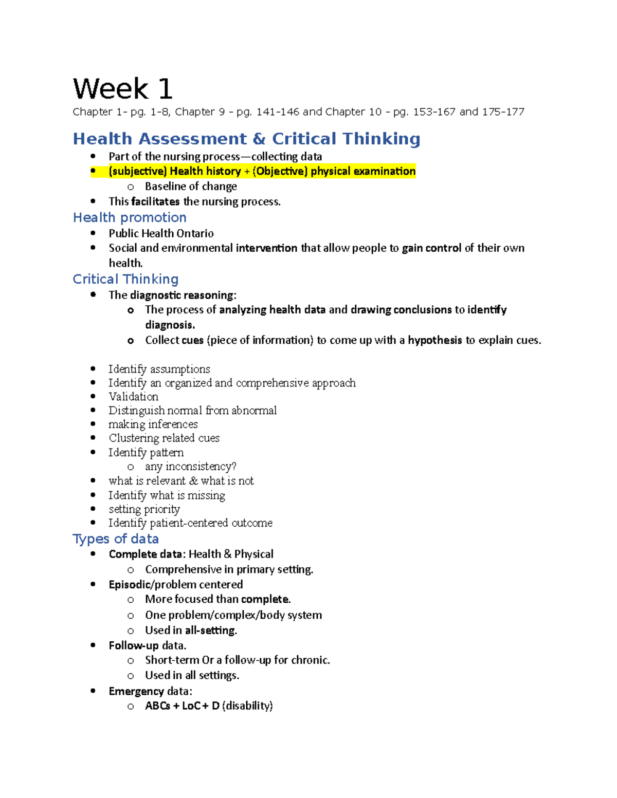 Week 1 notes - Week 1 Chapter 1- pg. 1-8, Chapter 9 - pg. 141-146 and ...