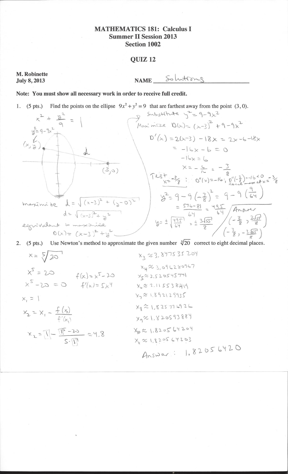 Tutorial Work - 12 - MATHEMATICS 181: Calculus I Summer II Session 2013 ...