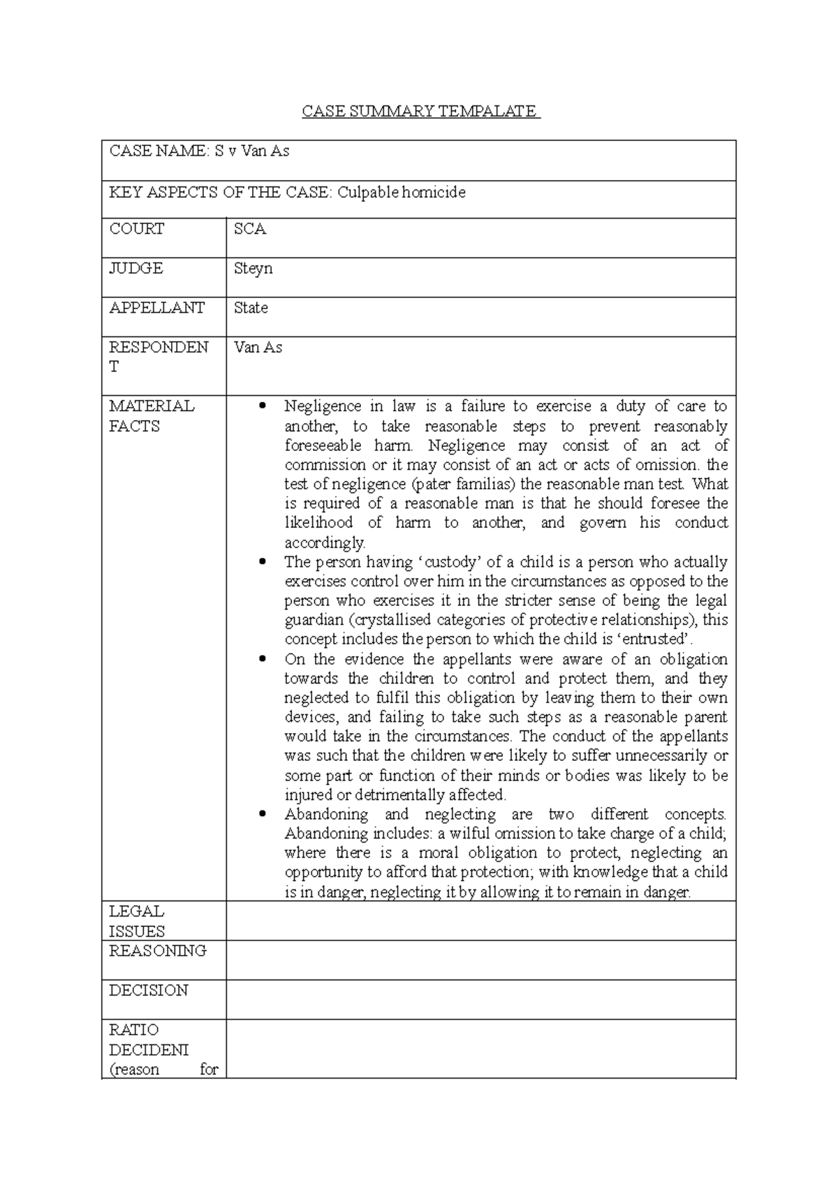 Van As summary - CASE SUMMARY TEMPALATE CASE NAME: S v Van As KEY ...