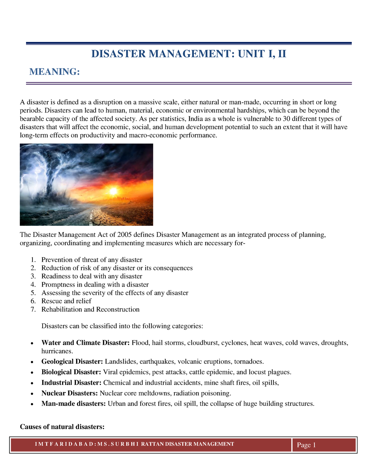 Disaster Management - LECTURE NOTES - DISASTER MANAGEMENT: UNIT I, II ...