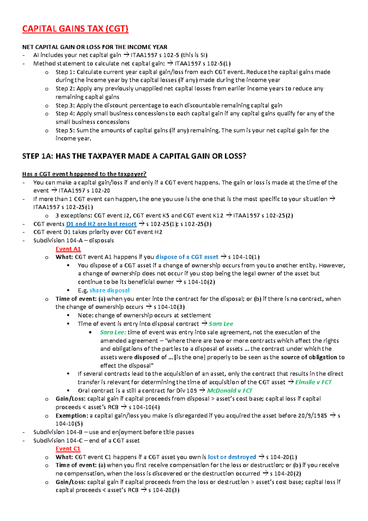 CLAW3201 1st in Course Notes (2:3) - CAPITAL GAINS TAX (CGT) NET ...