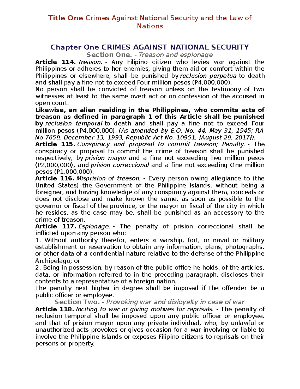 Criminal LAW BOOK 2 - Title One Crimes Against National Security and ...
