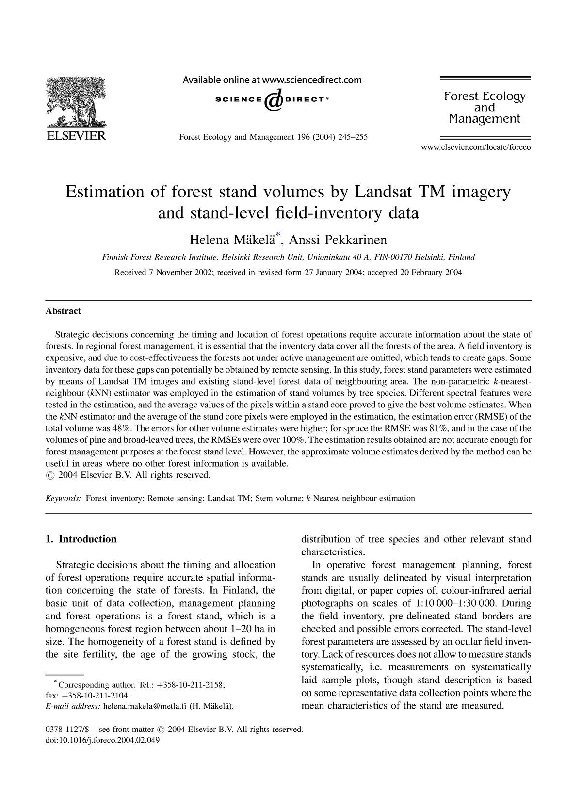 Estimation of forest stand volumes by Landsat TM imagery - In regional ...