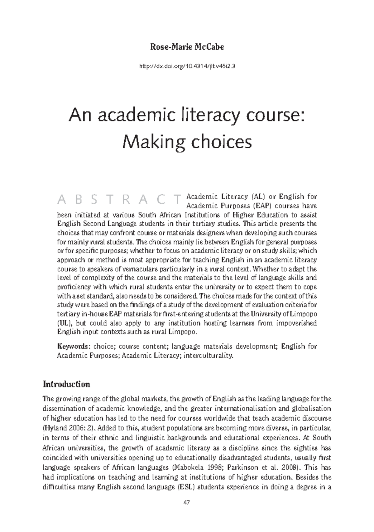 Mccabe 2011 an academic literacy course making choices - Rose-Marie ...