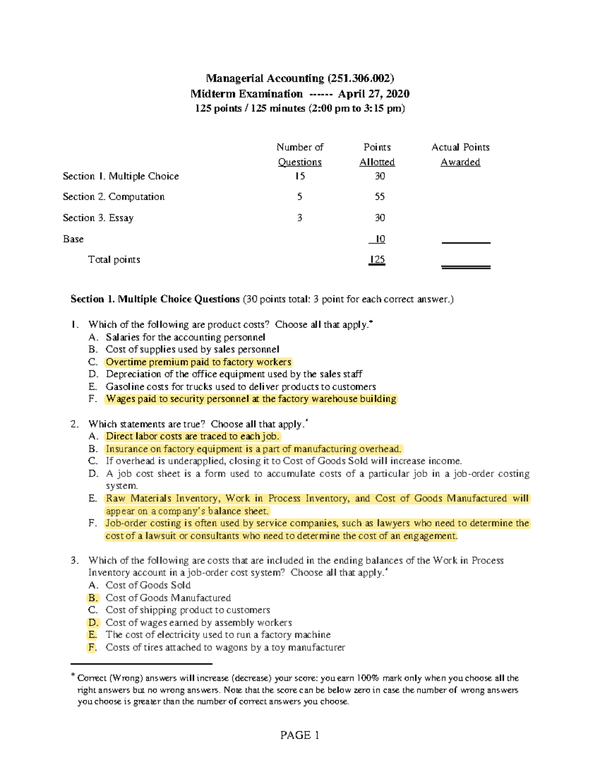 2020(1) Midterm Exam Online - Managerial Accounting (251.306) Midterm ...