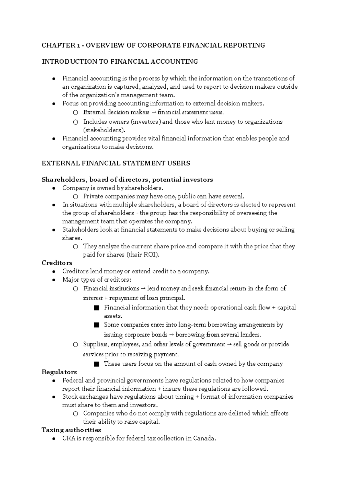ACTG2010 Final Study Guide - CHAPTER 1 - OVERVIEW OF CORPORATE ...