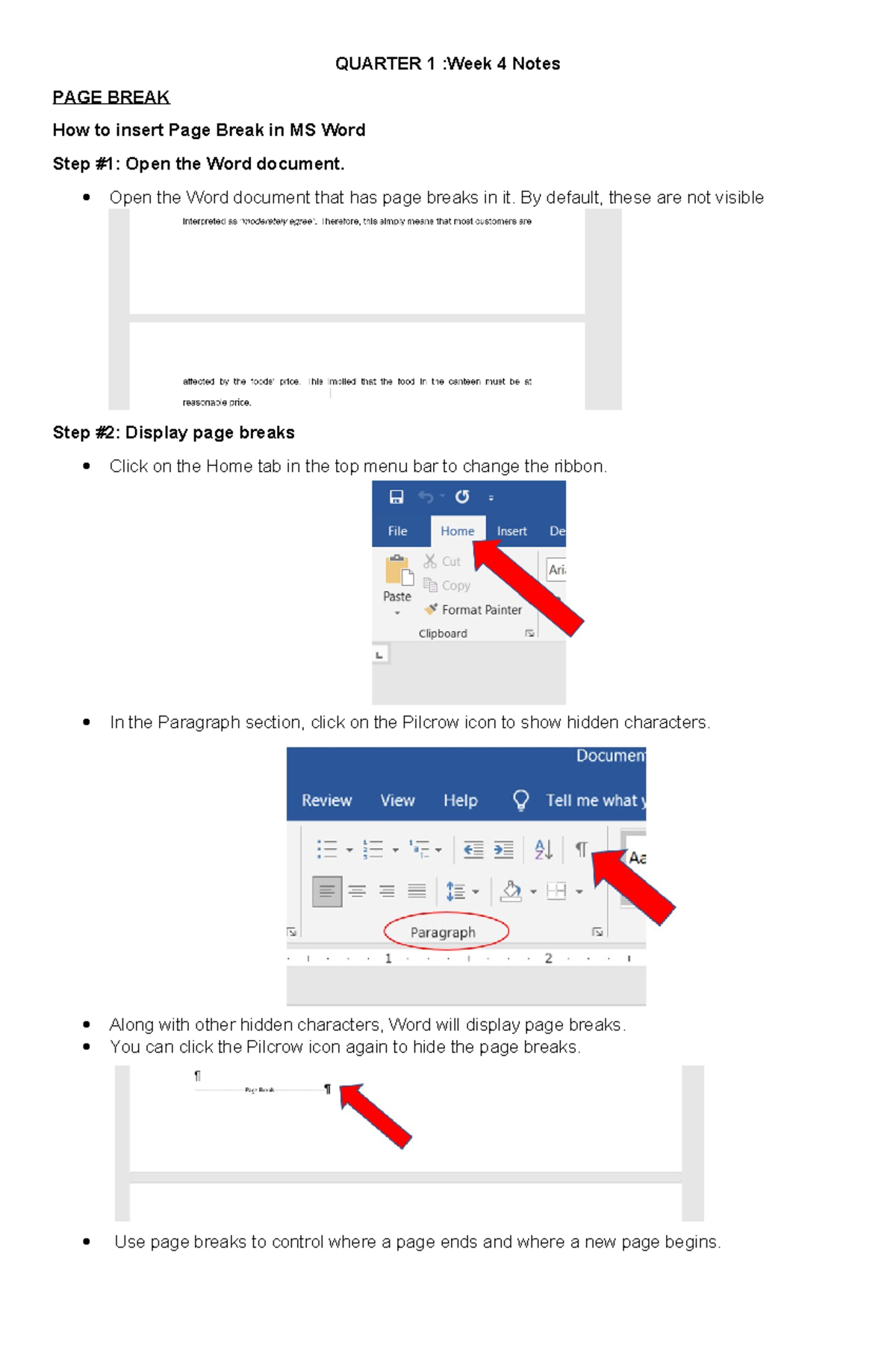 Week 4 notes - tle 7 - QUARTER 1 :Week 4 Notes PAGE BREAK How to insert ...