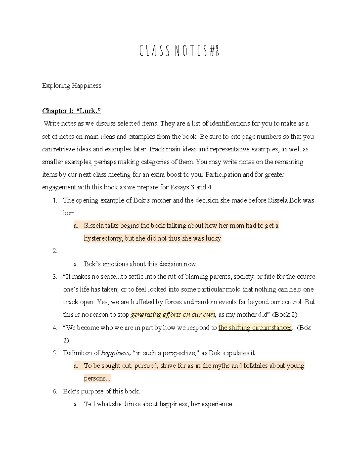 Class notes #8 - C L A S S N O T E S Exploring Happiness Chapter 1 ...