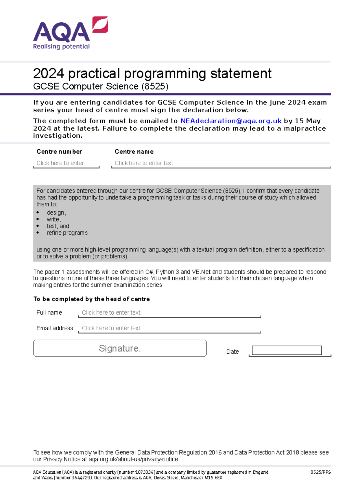 AQA 8525 PPS 24 - 2024 practical programming statement GCSE Computer ...