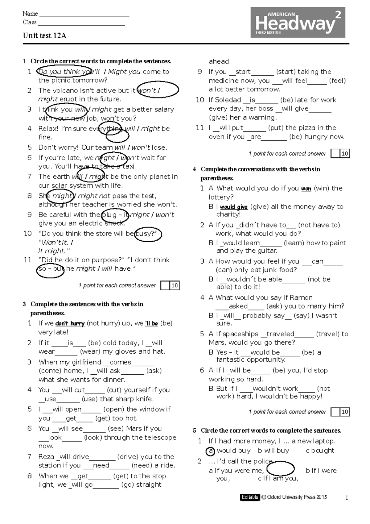 AHW3e Level 2 Unit Test 12a - Name _____________________________ Class
