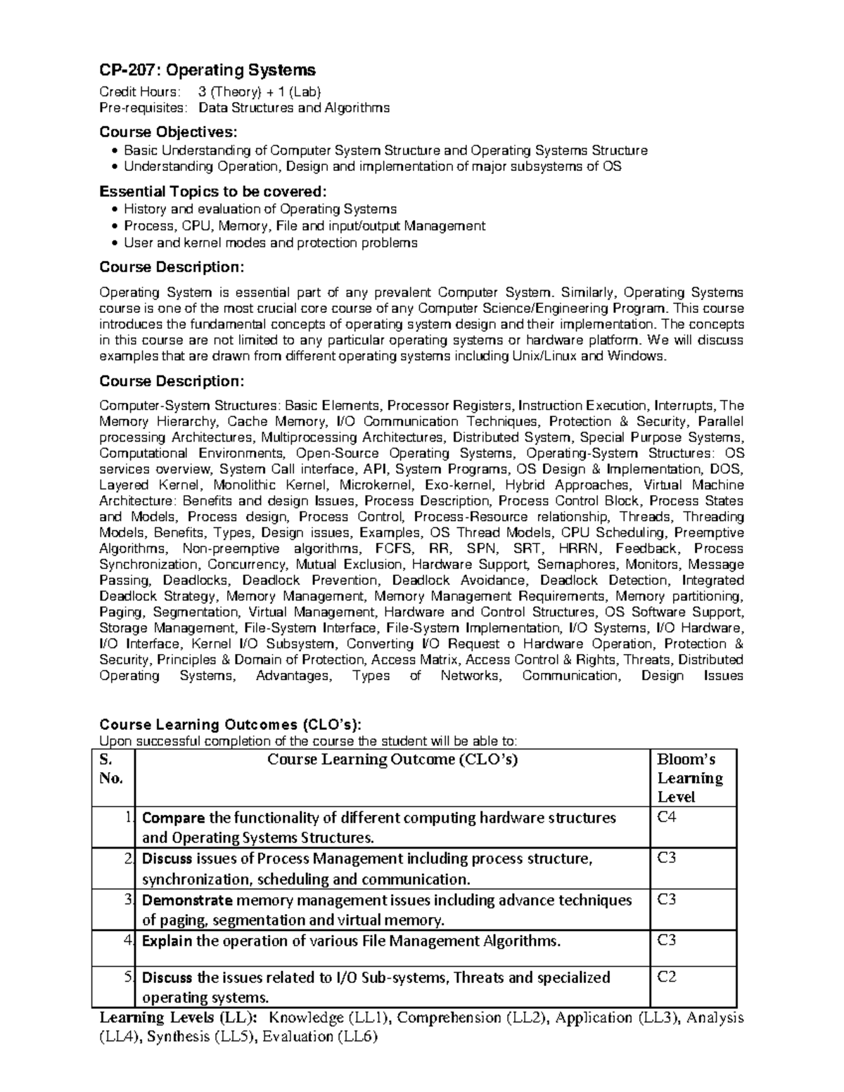 Operating System Course Learning Outcomes - CP-207: Operating Systems ...