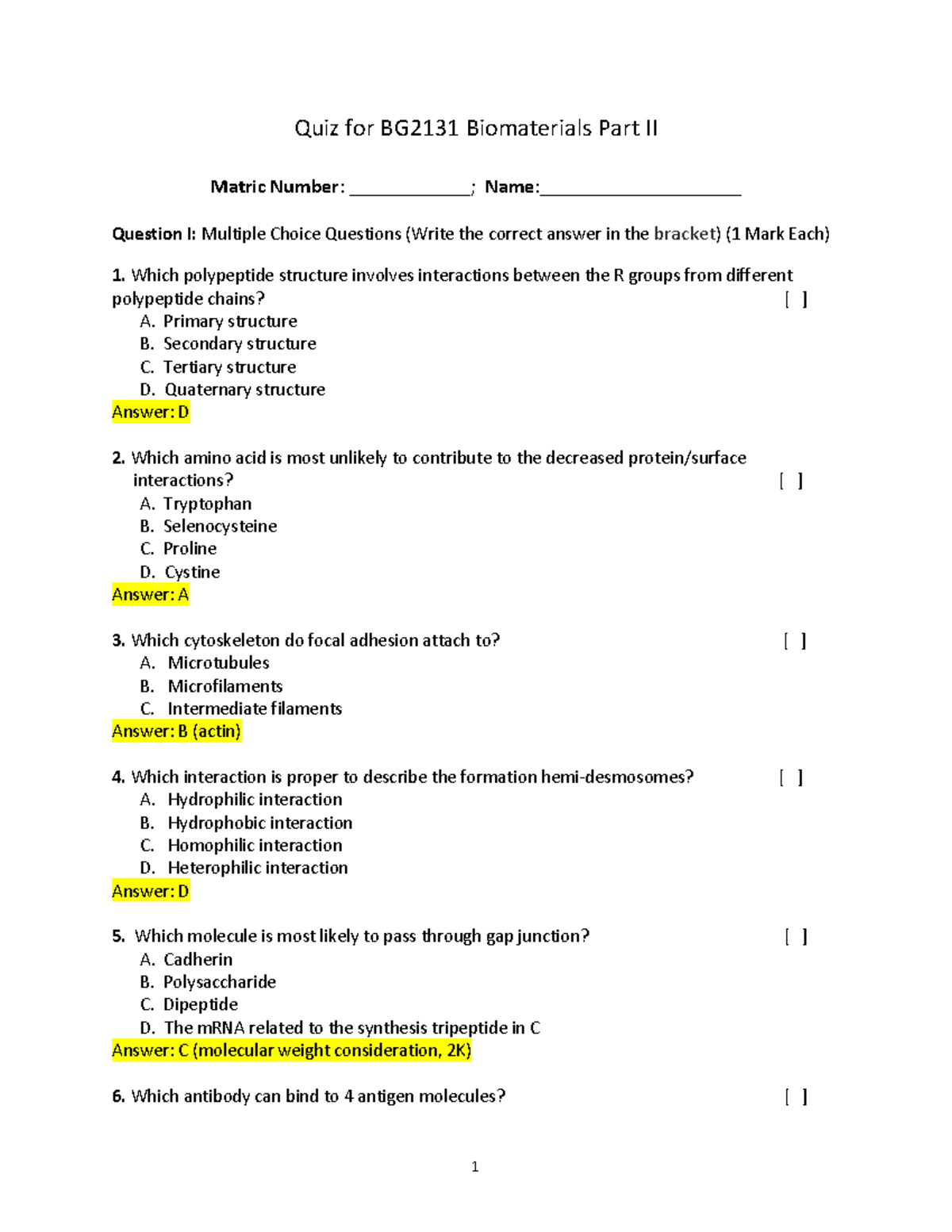 2021 Quiz for BG2131 Biomaterials Part II with answers Quiz for