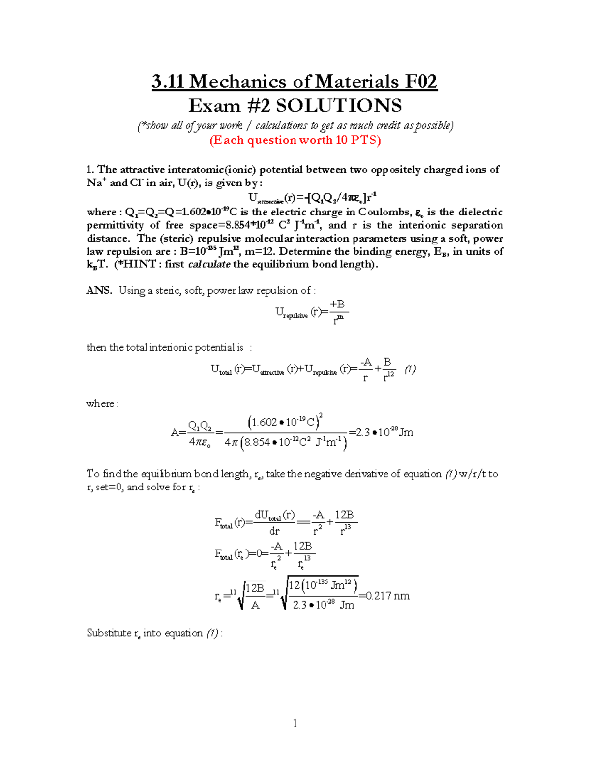 Solids of Mechanics Exam Solutions 2 - 3 Mechanics of Materials F02 ...
