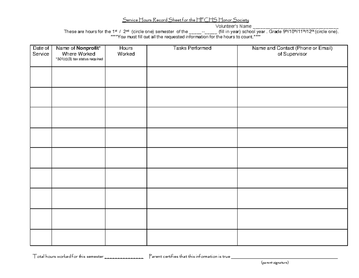 Hfchs Honor Society Service-Hours-Record-Sheet-pdf - Service Hours ...