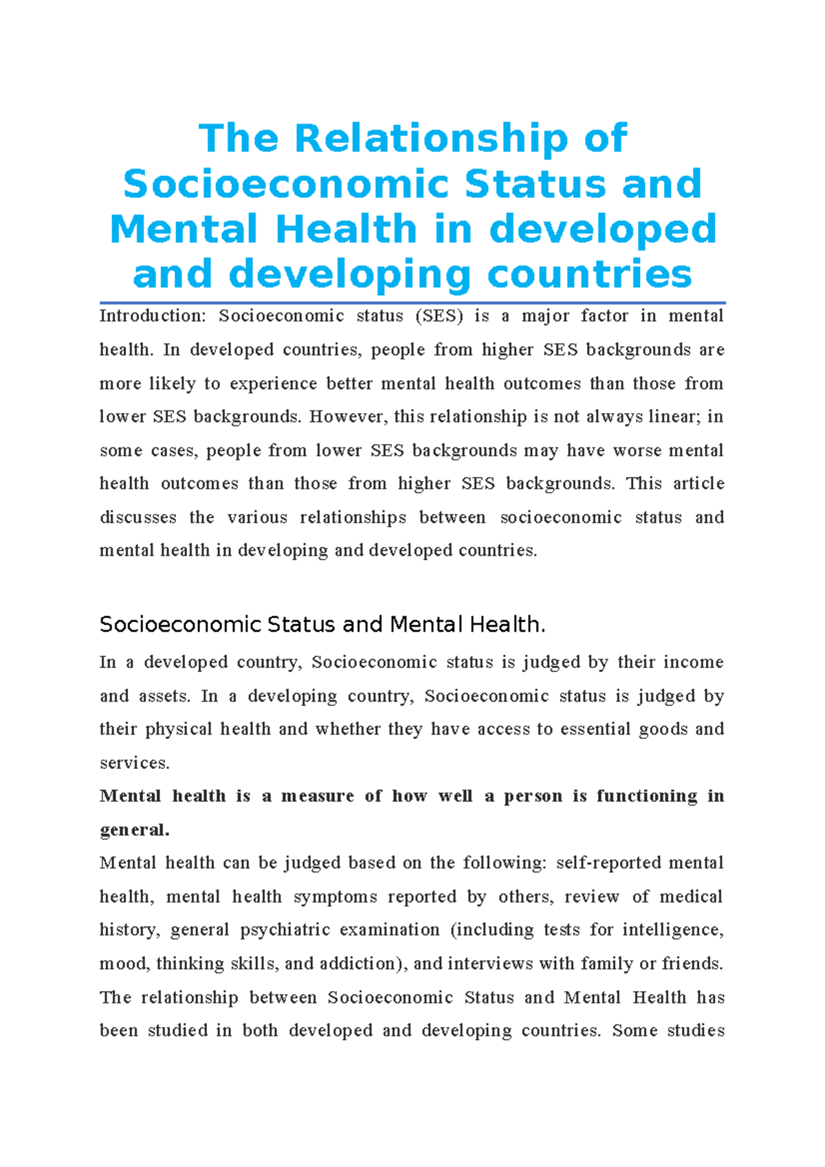 The Relationship of Socioeconomic Status and Mental Health in developed and developing countries
