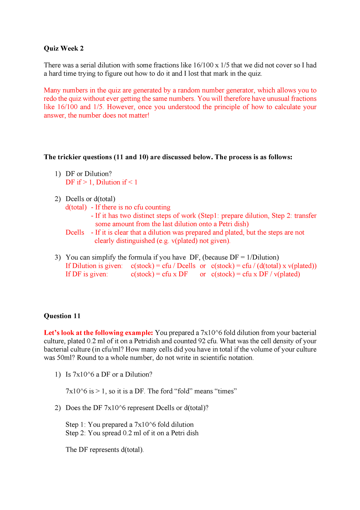 Quiz Week2 memo - Quiz - Quiz Week 2 There was a serial dilution with ...