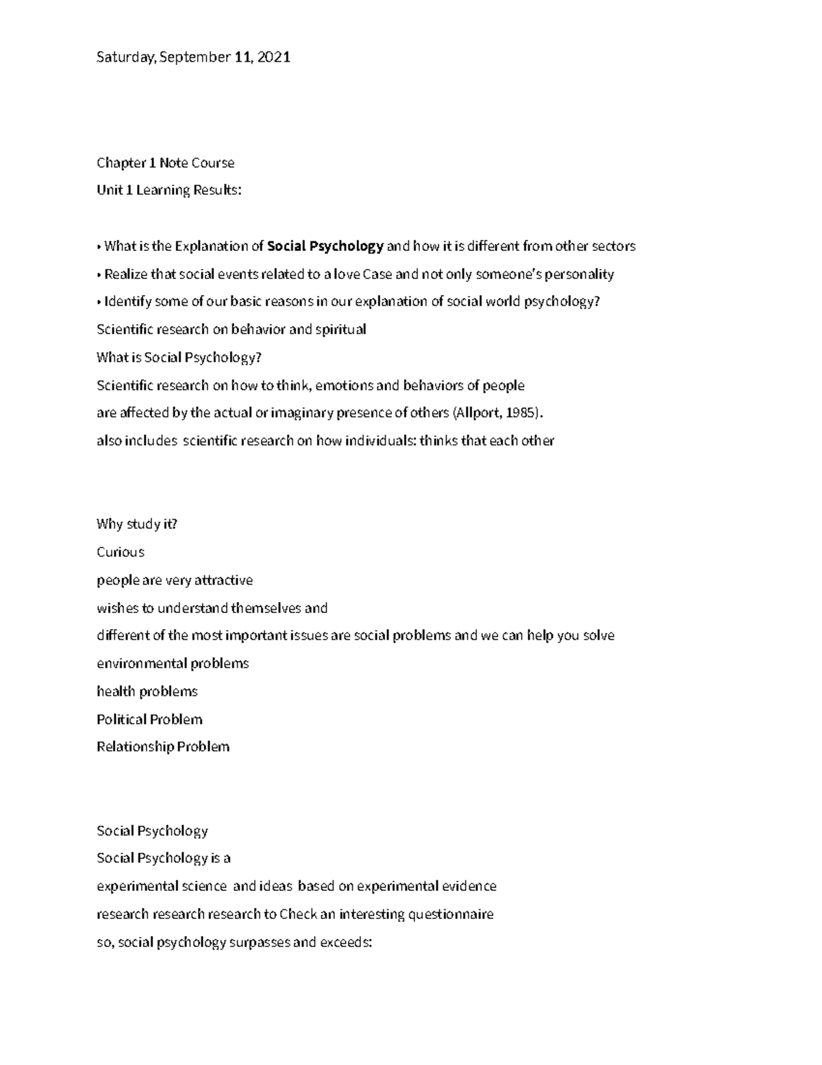 PSYC 2042 Chapter 1 Note Course Social Psychology - Saturday, September ...
