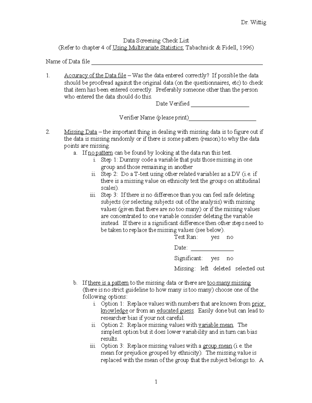 Data Screening Check List - Data Screening Check List (Refer to chapter ...