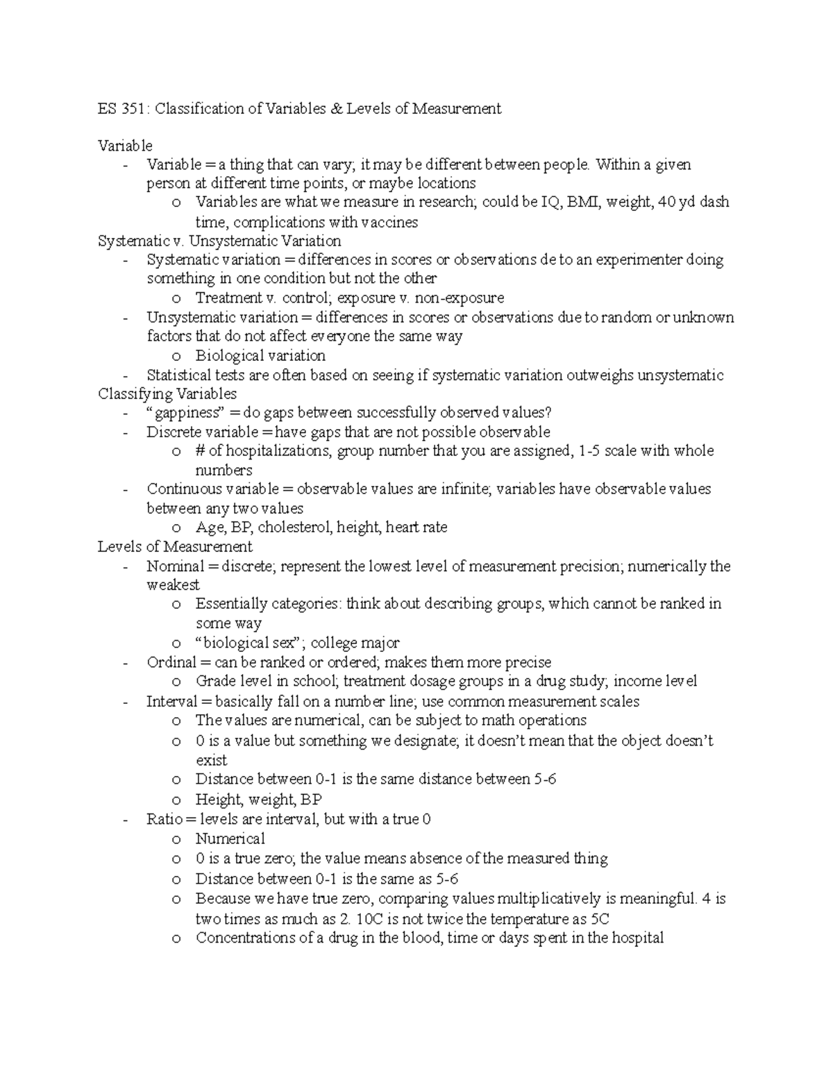 ES 351 lecture notes - ES 351: Classification of Variables & Levels of ...