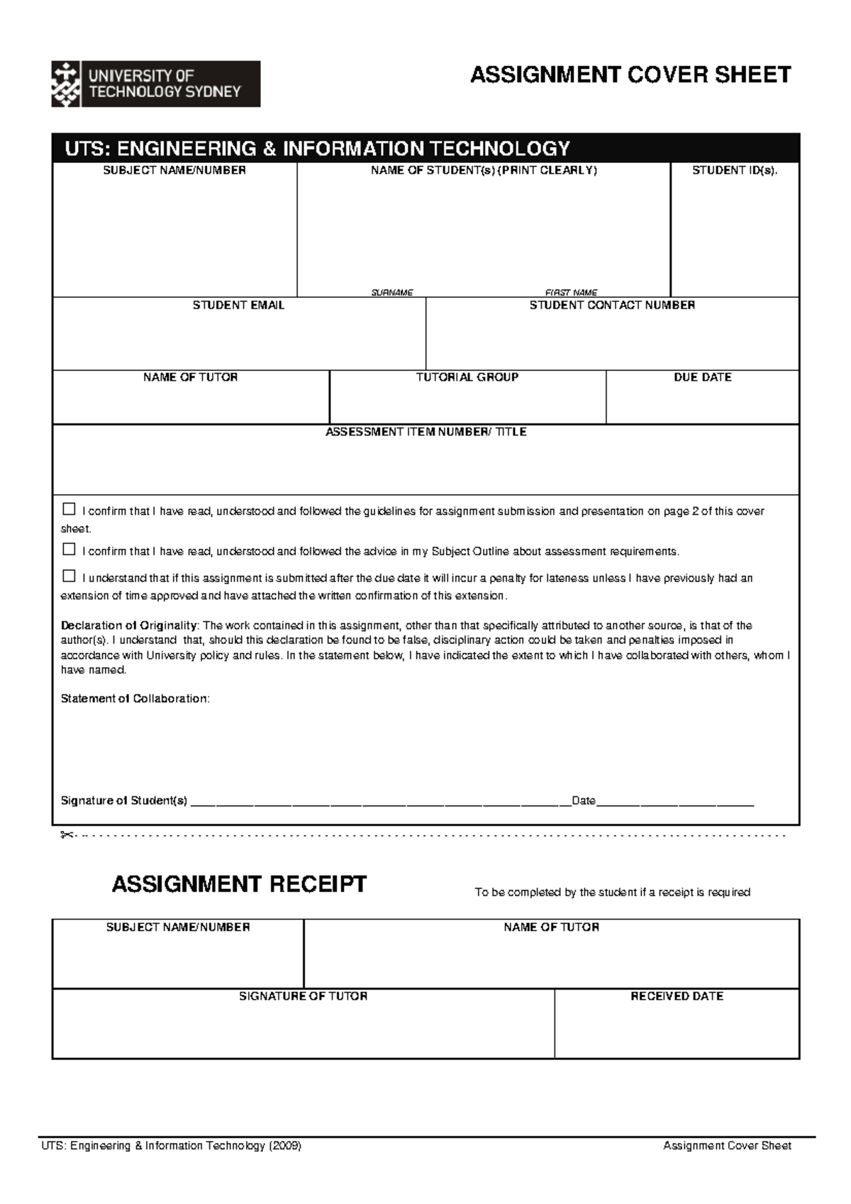 Assignment Cover Sheet - ASSIGNMENT COVER SHEET UTS: ENGINEERING & ...