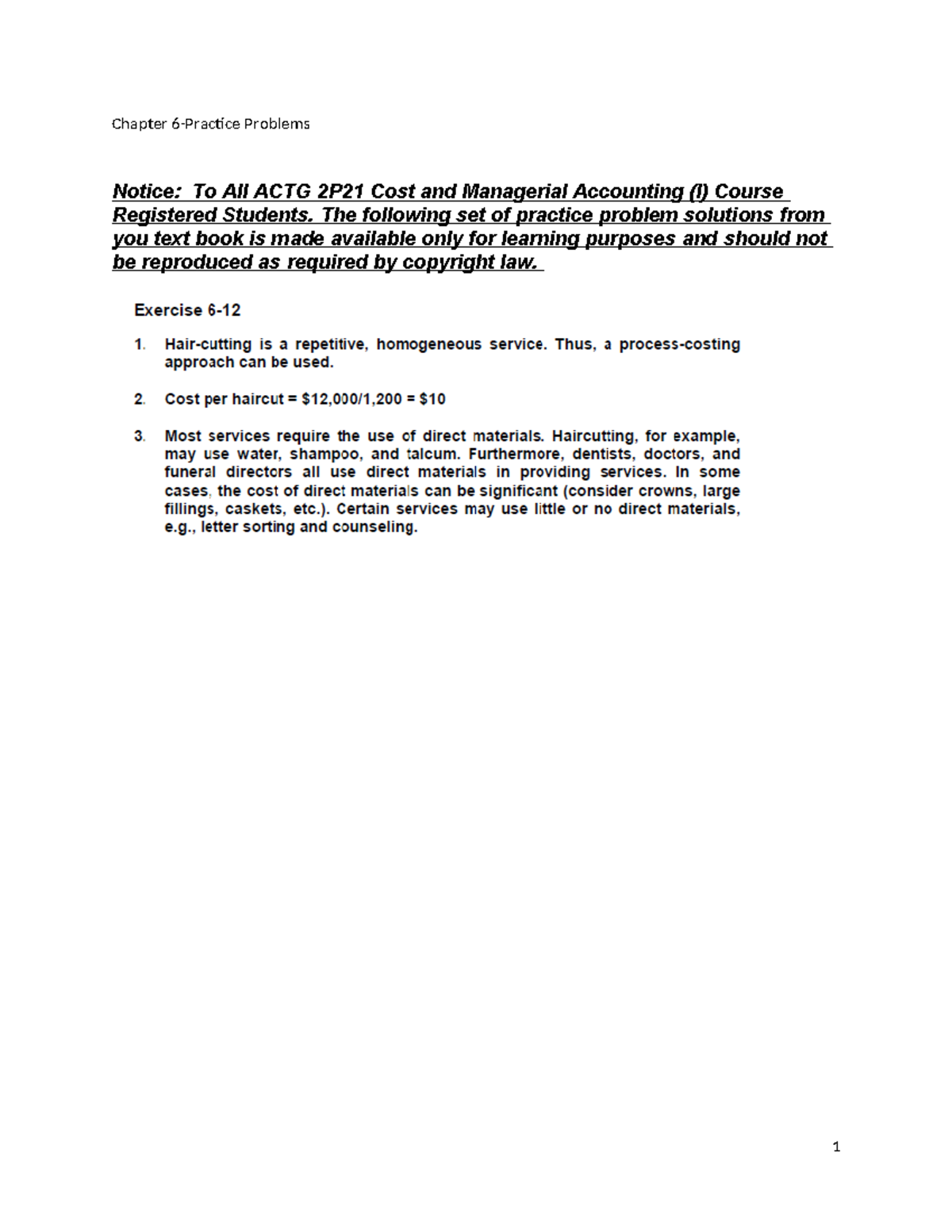 Chapter 6 Sakai - ACC 100 - Chapter 6-Practice Problems Notice: To All ...