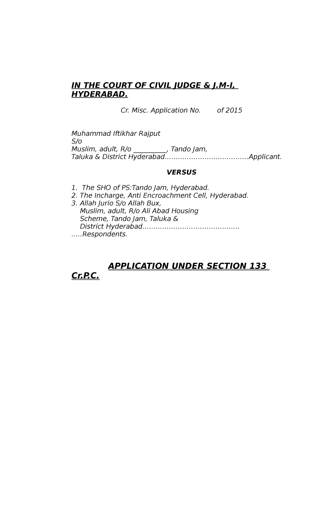 Application U-S 133 Cr.P.C Muhammad Iftikhar Rajput - IN THE COURT OF ...