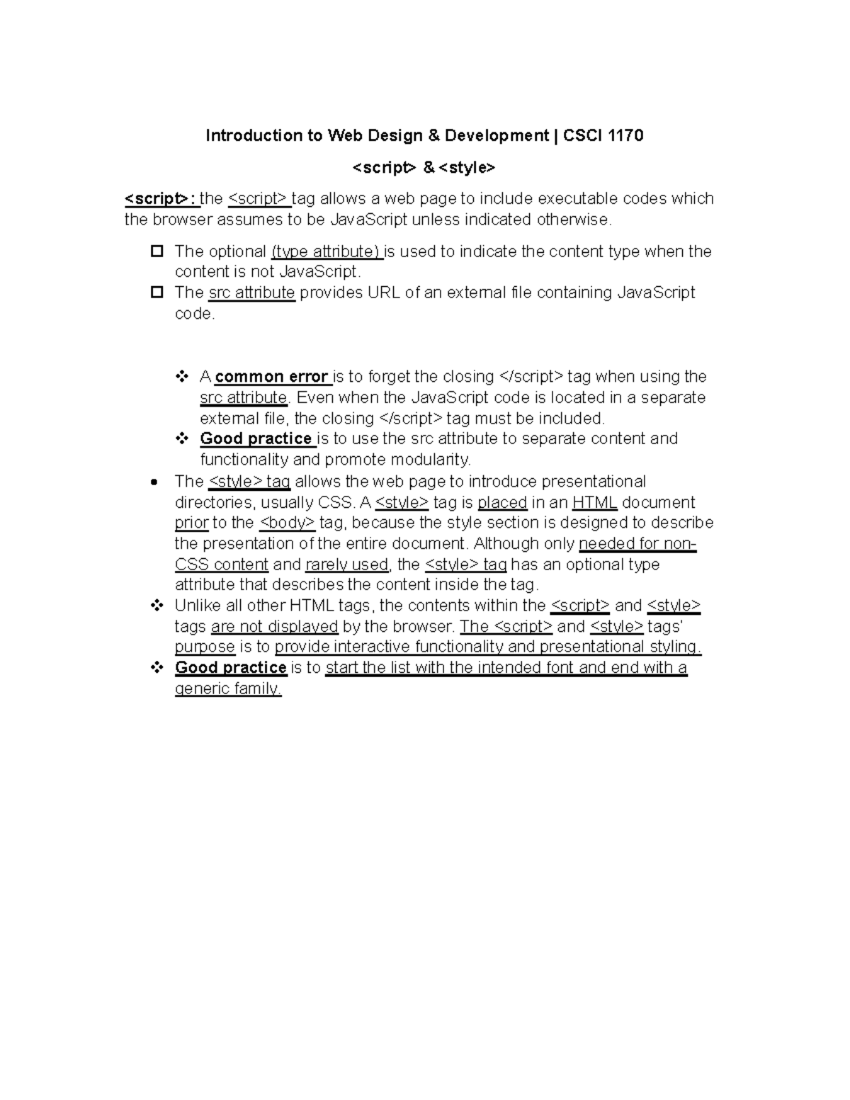 CSCI 1170 Notes 2 - Difference between script tag and style tag ...