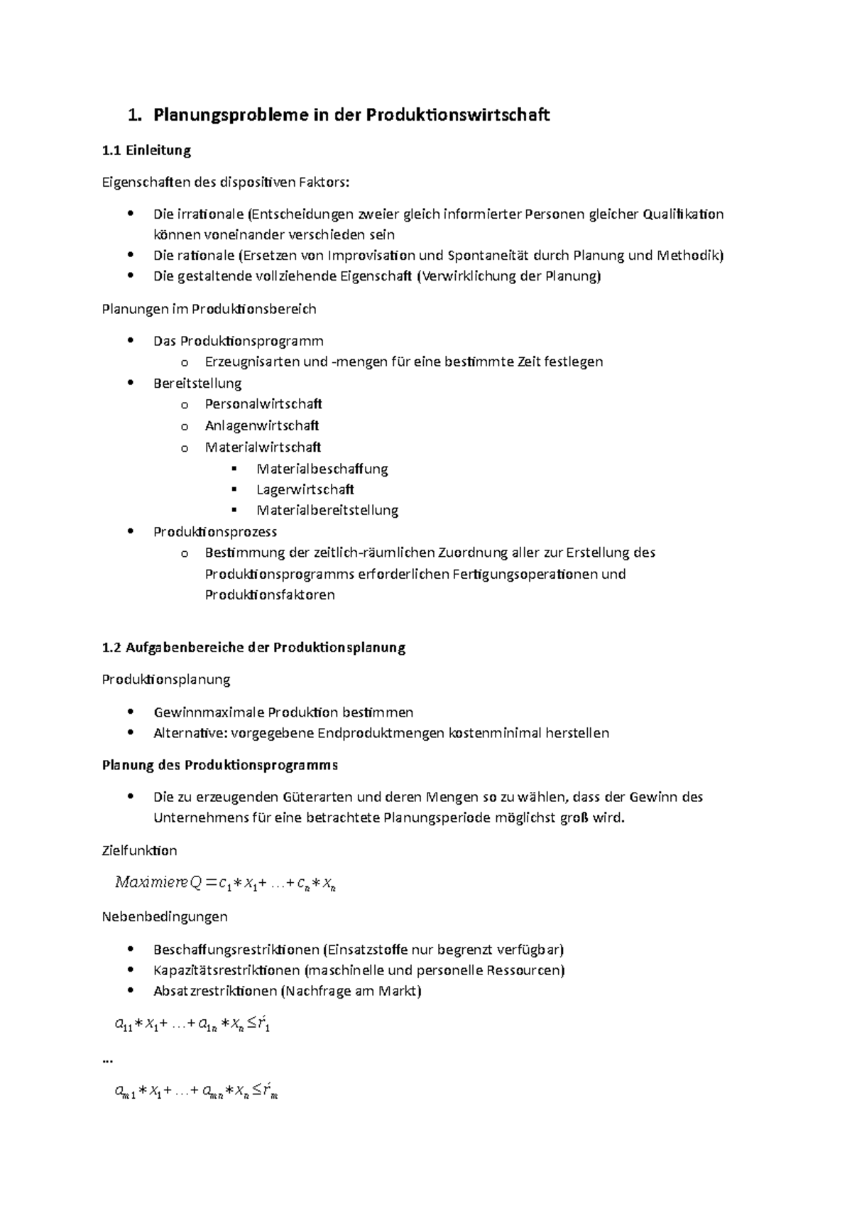 Planungsprobleme In Der Produktionswirtschaft - 1. Planungsprobleme In ...