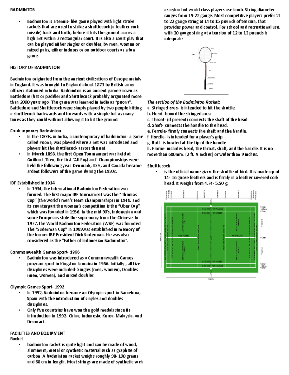 Badminton Lecture notes that can help student on their studies
