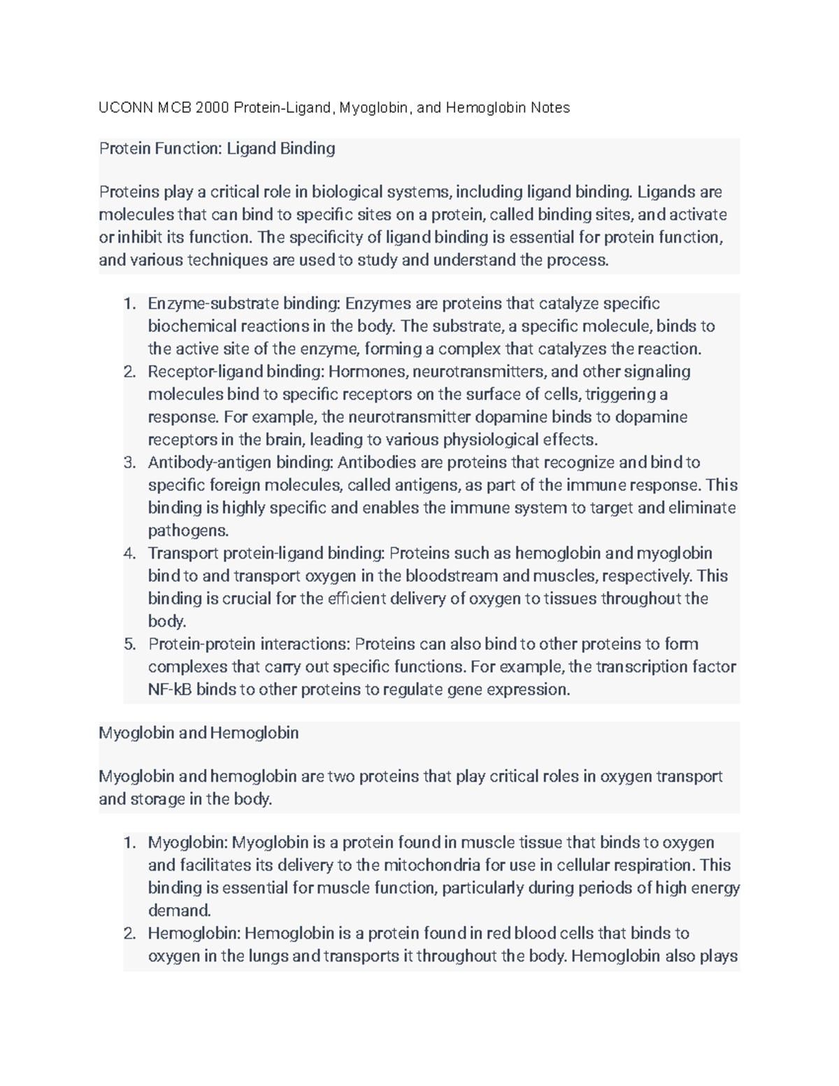 Uconn MCB 2000 ProteinLigand, Myoglobin, and Hemoglobin Notes UCONN