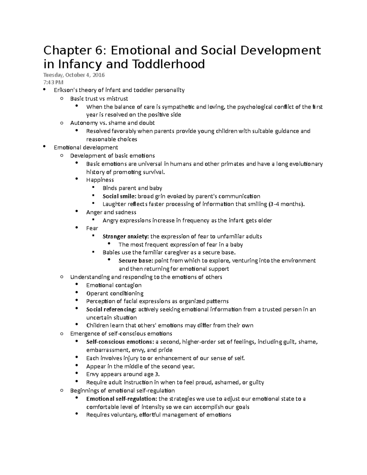 Developmental Psychology Chapter 6 Notes - Chapter 6: Emotional and ...