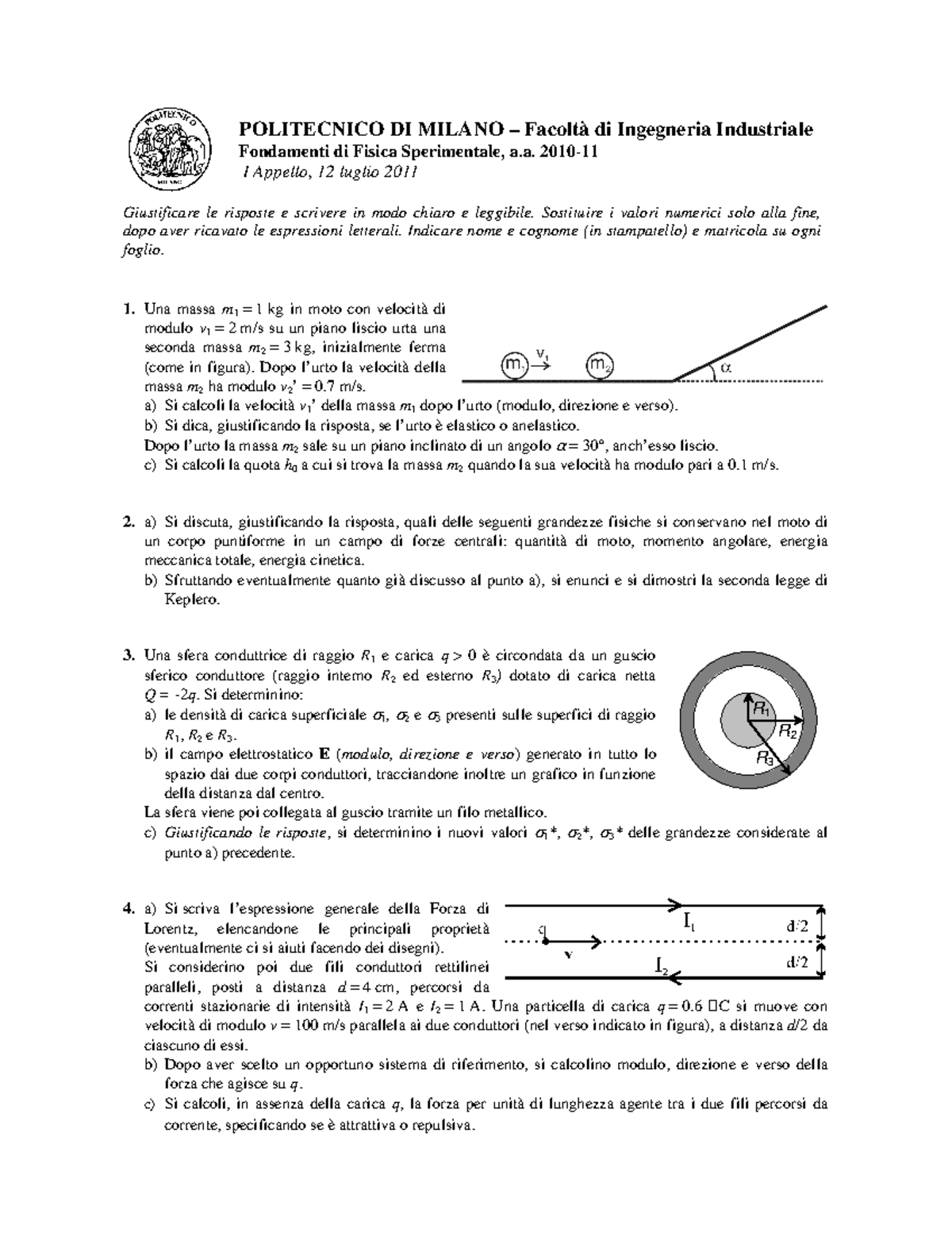 Esame 12 Luglio 2011 Testo E Soluzioni Politecnico Di Milano Di