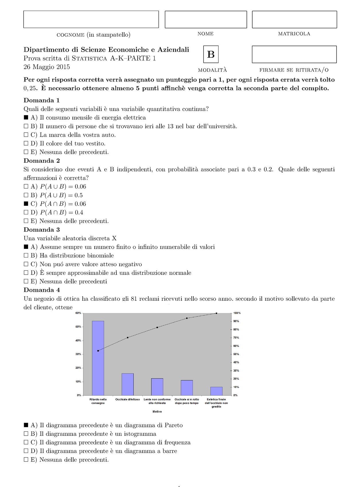 Correzione Esercizi Simulazione 1 - Cognome (in Stampatello) Nome ...