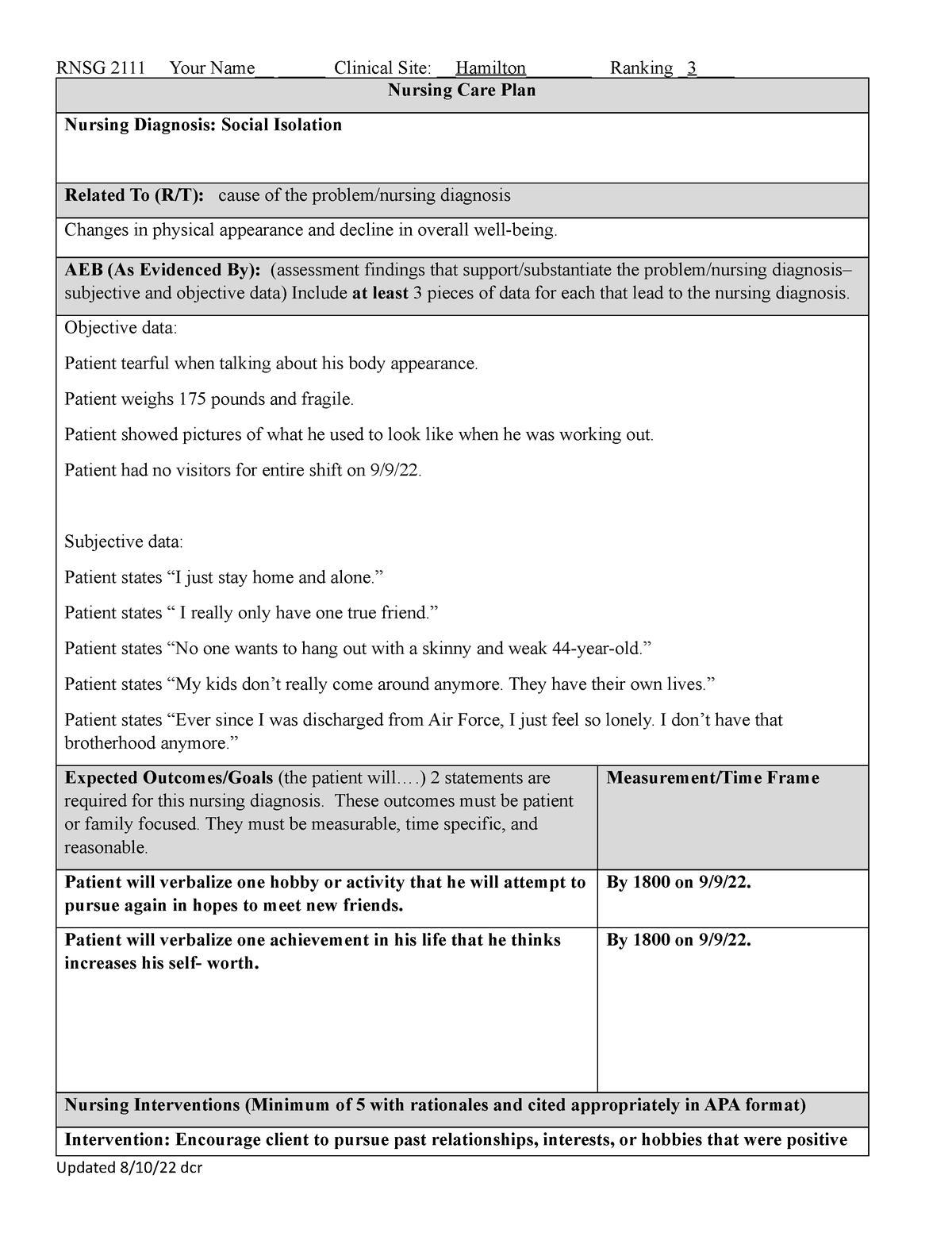 Social Isolation - care plan - RNSG 2111 Your Name__ _____ Clinical ...