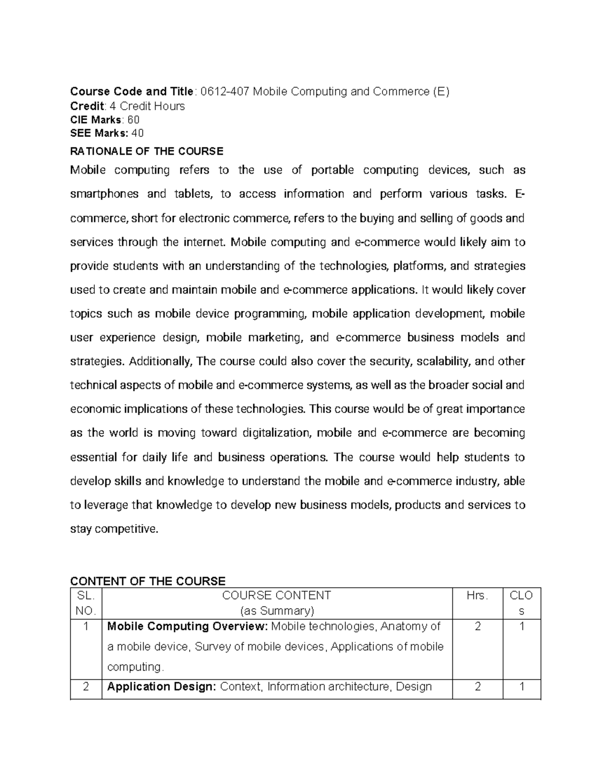 Mobile Computing and v Course Code and Title 0612407