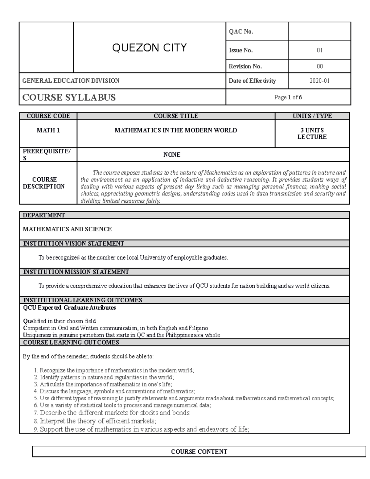 Course Syllabus MMW MATH1 - Issue No. 01 Revision No. 00 GENERAL ...