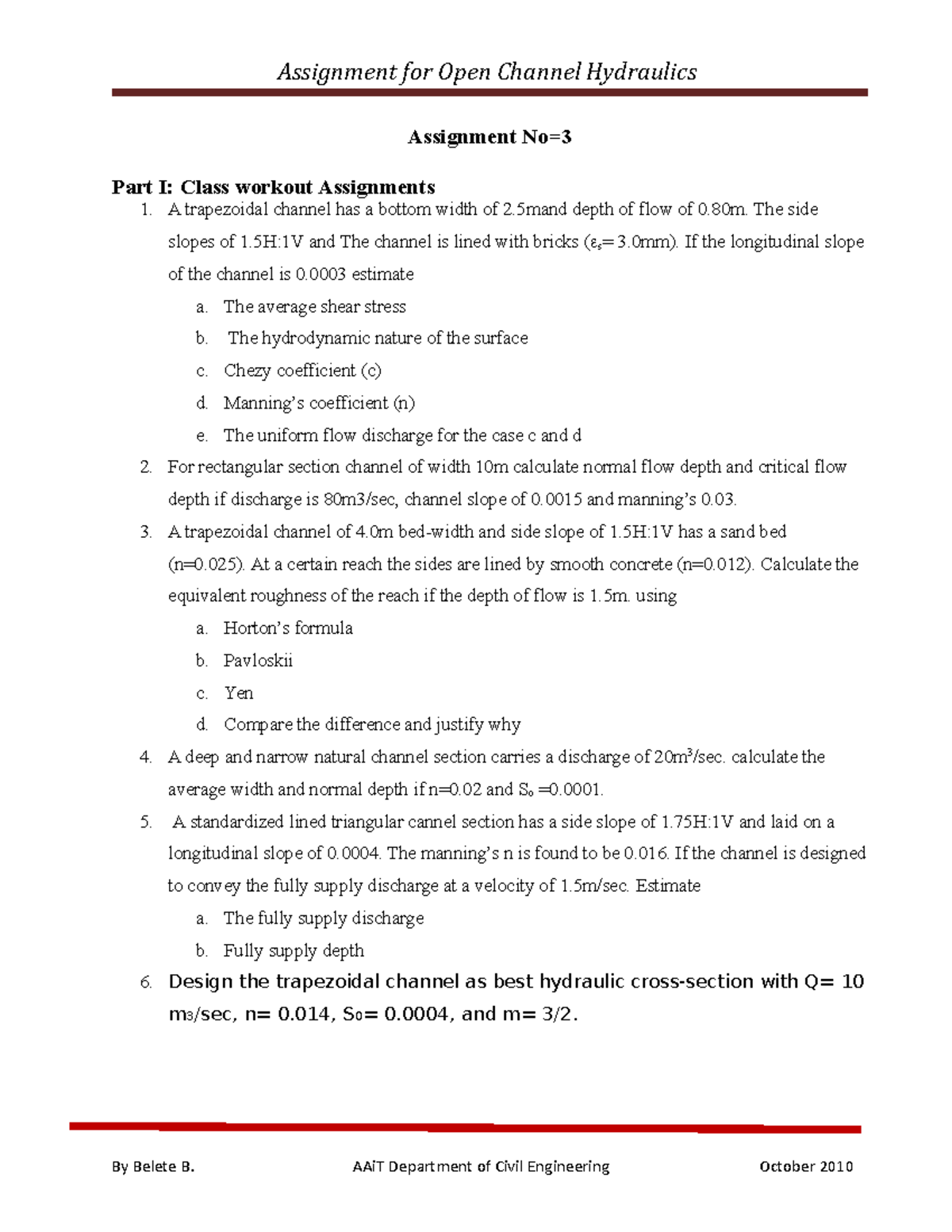 Assignment No3 - assign 3 - Assignment for Open Channel Hydraulics ...